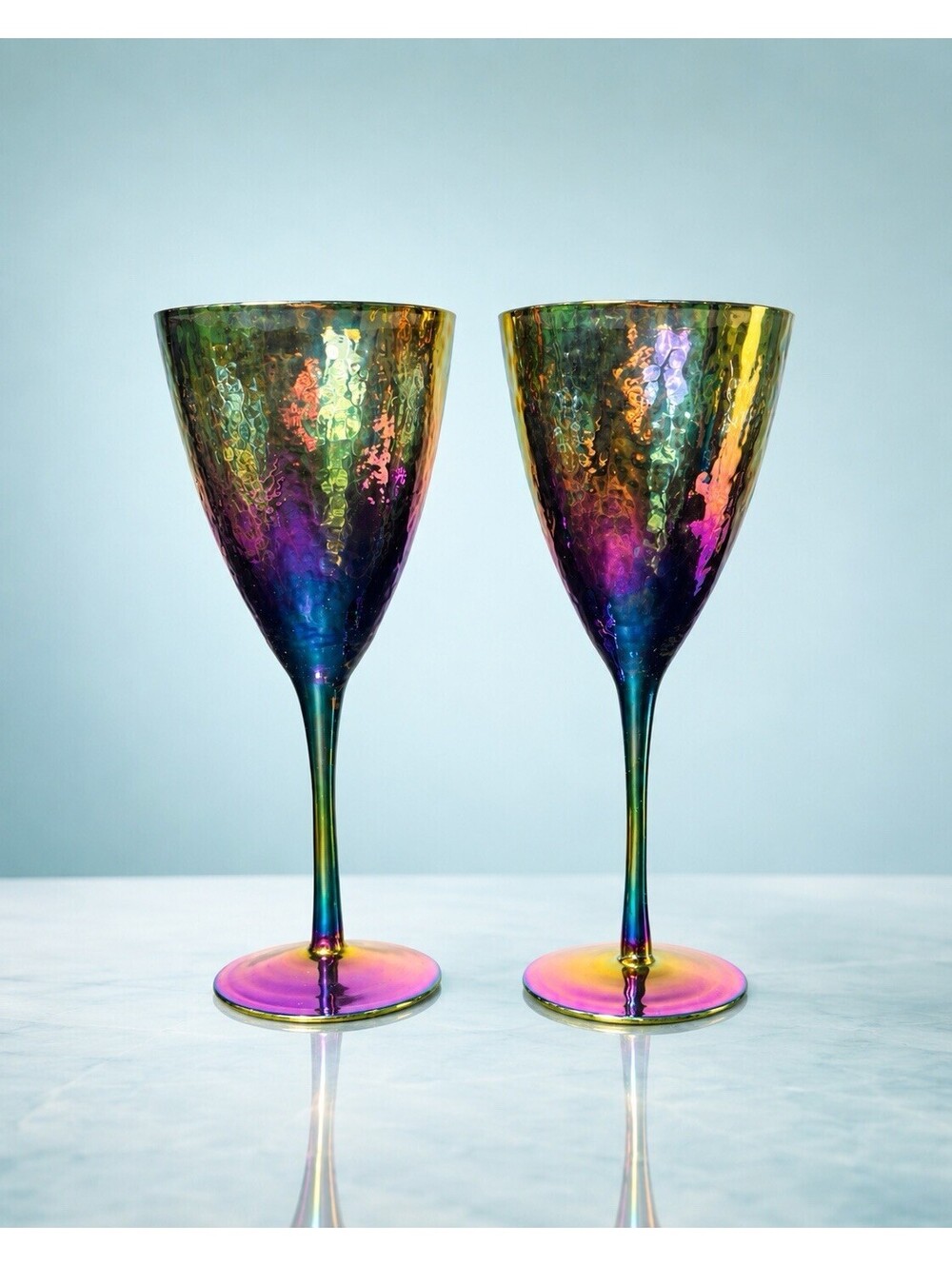 NWOB Anthropologie 2 Water Wine Goblets Waterfall Purple Iridescent Glass, 4x9"